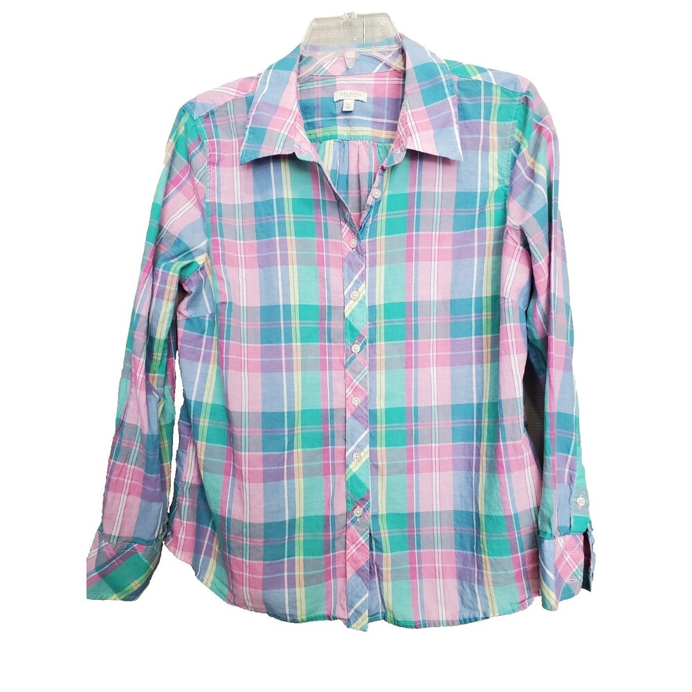 Talbots Petite Pink Multi Madras Plaid Cotton Long Sleeve Button-Up Top Size LP